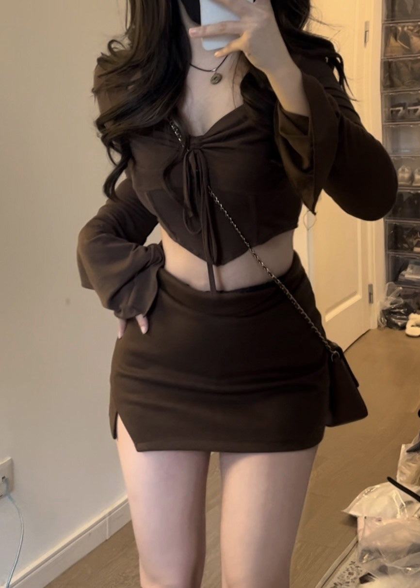 Top Long Sleeve Short Dress Young Wear Brown Two-piece Suit