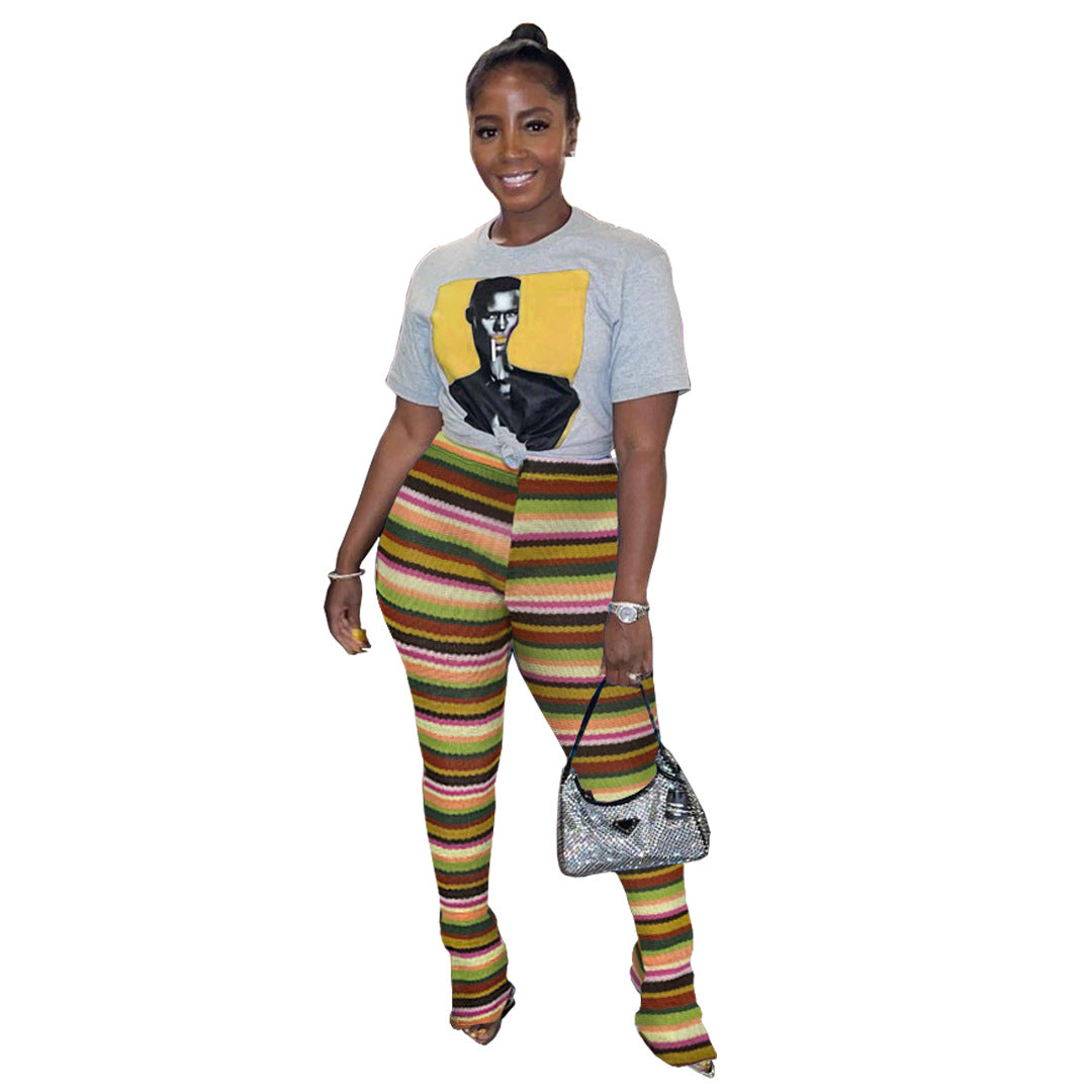 Ladies Color Striped Knit Hollow Jacquard Flared Pants