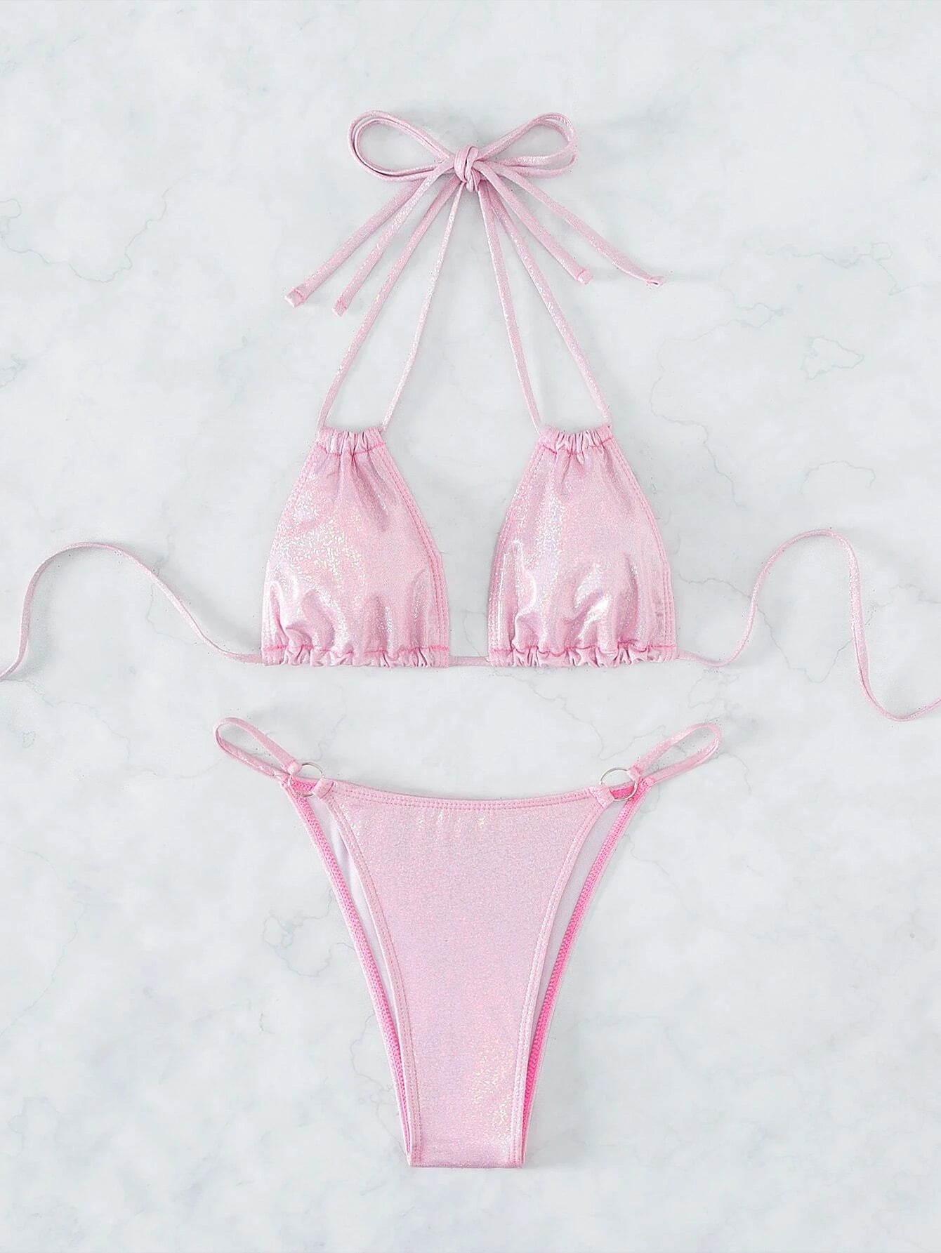 SHEIN Swim SXY Glitter Bikini Set Halter Micro Triangle Bra & Ring Linked Cheeky Bottom 2 Piece Swimsuit