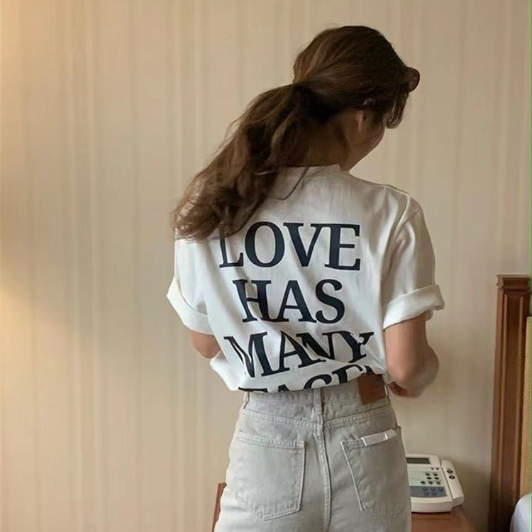 Women's Fashionable Back Letter Print Mid-length Casual Short Sleeve