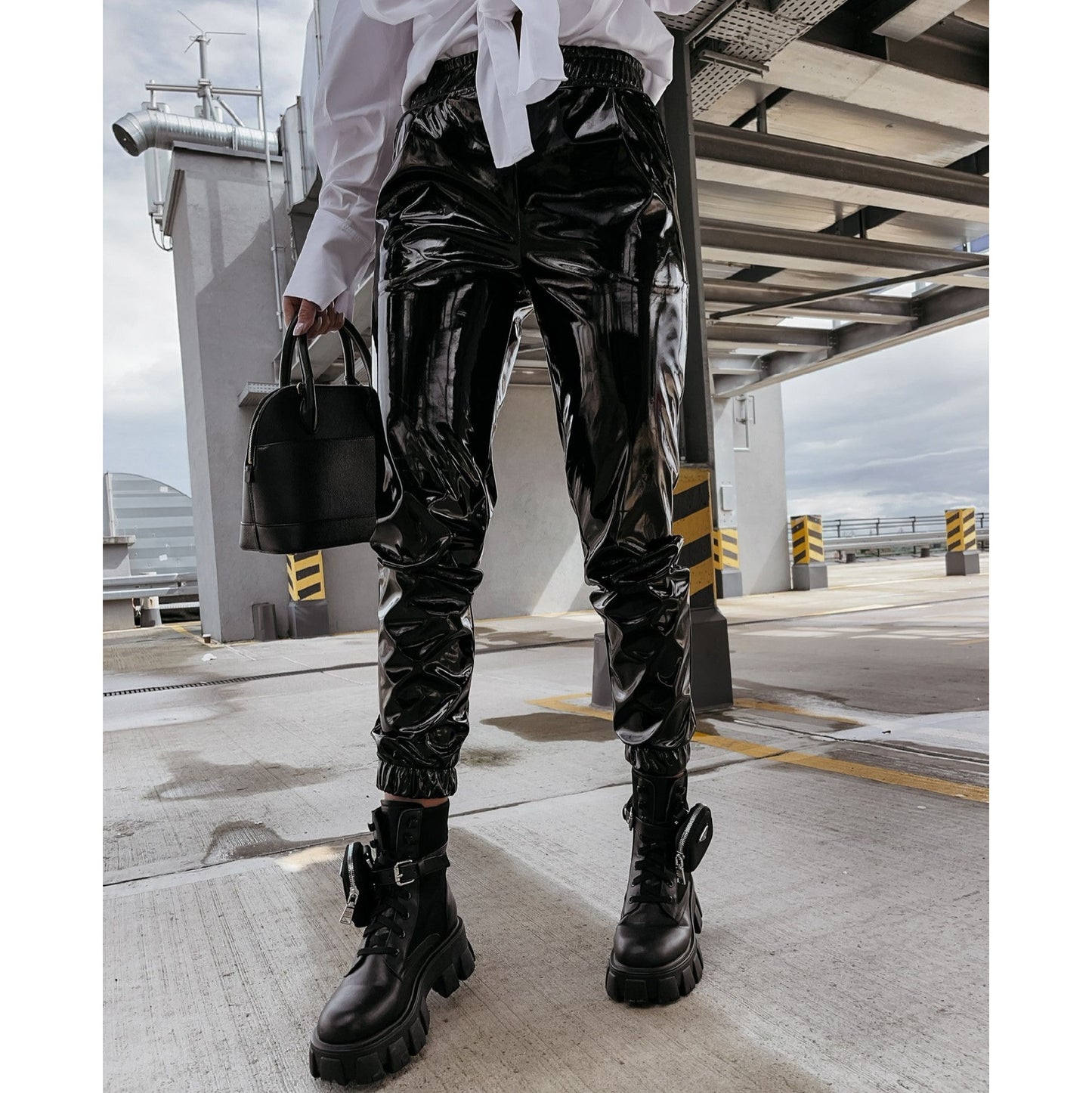 Super Bright PU Casual Women's Leather Sweatpants