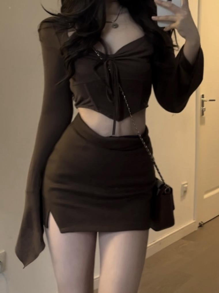 Top Long Sleeve Short Dress Young Wear Brown Two-piece Suit