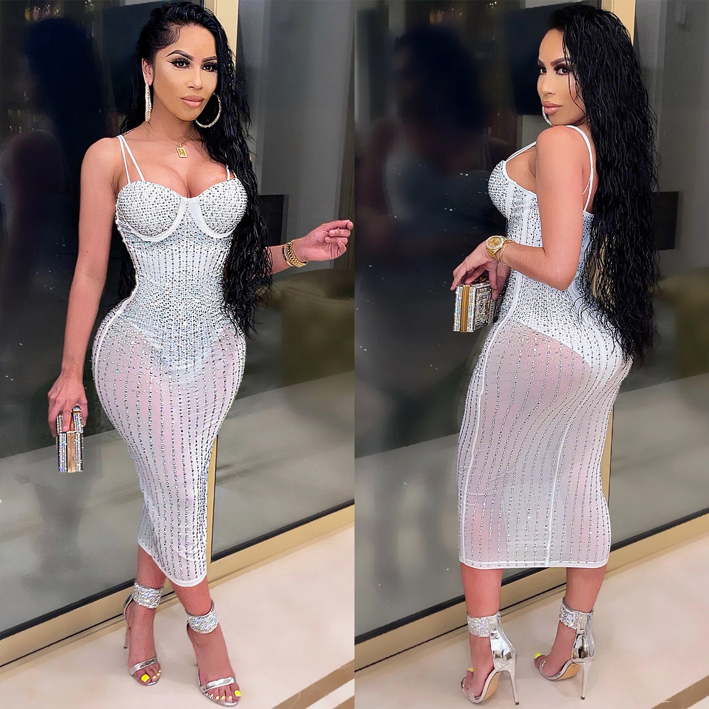 Women's Yarn See-through Rhinestone Strap Dress