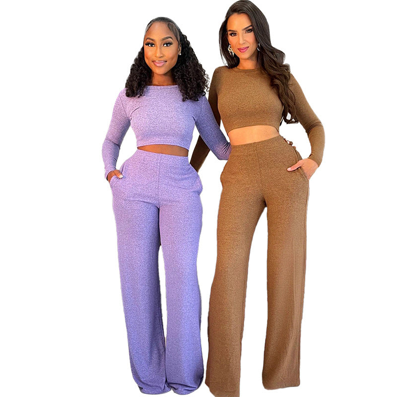 Cross-border Midriff-baring Long Sleeve Top And Trousers Suit