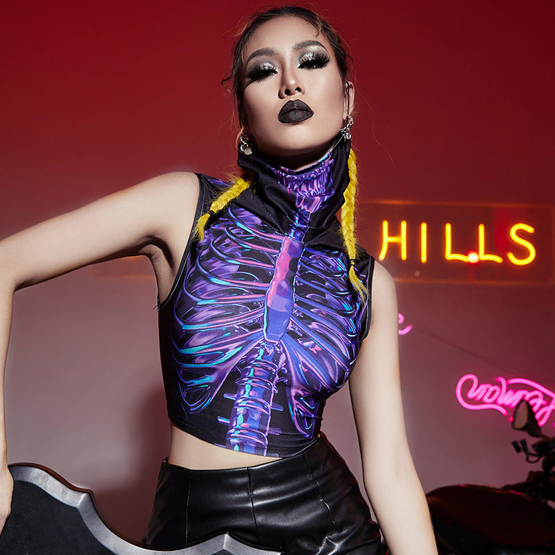 Wind Dark Hipster Turtleneck Hooded Skull Print Vest Top For Women