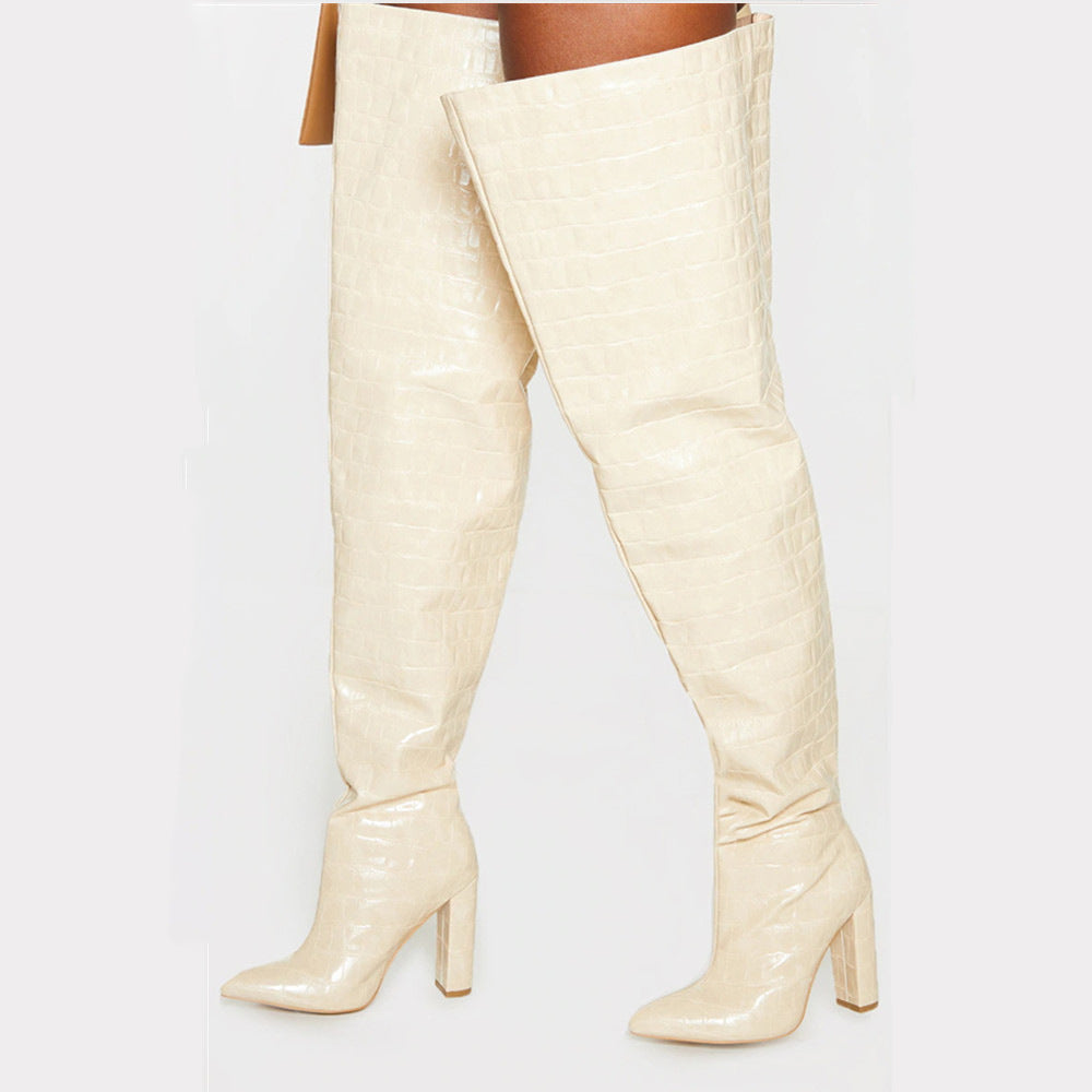 Chunky Heel Crocodile Pattern Over-the-knee Boots