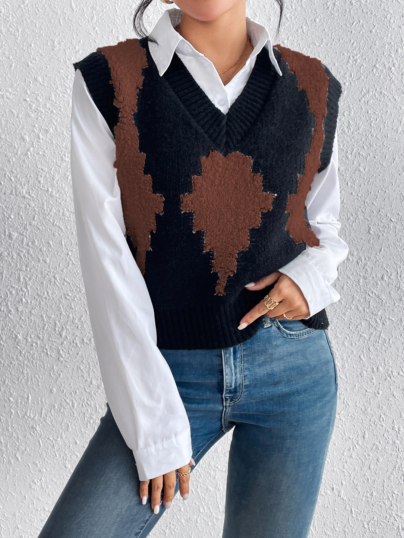 Autumn And Winter Simplicity Color Contrast Patchwork Diamond Lattice Pullover Vest Knitted Wool