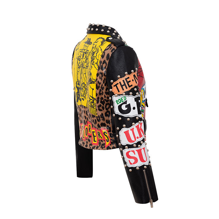 Chain Leather Jacket Printed Half Collar Stud Cropped Slim