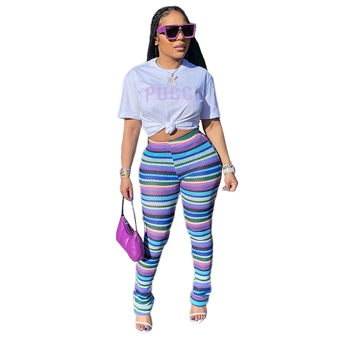 Ladies Color Striped Knit Hollow Jacquard Flared Pants