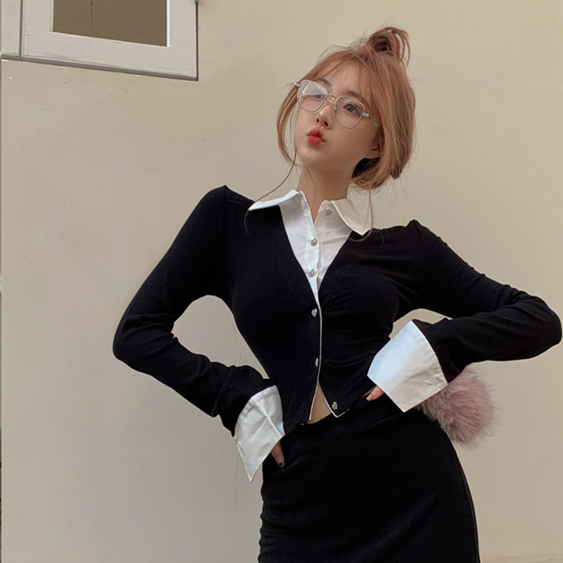 Fake Two-piece Long Sleeves Cropped Shirt