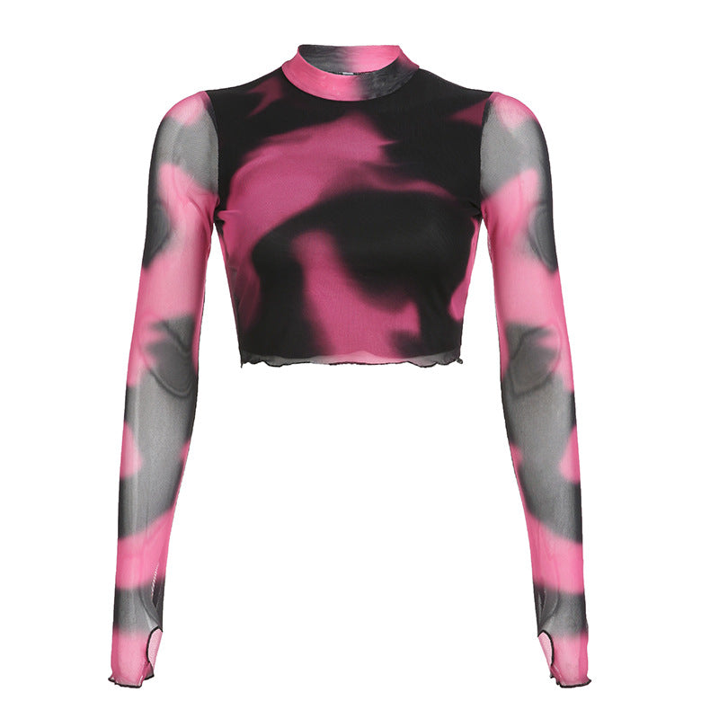 Hot Girl Slim Half Turtleneck Blooming Sleeves Sheer Top