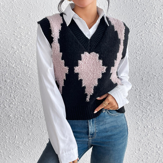 Autumn And Winter Simplicity Color Contrast Patchwork Diamond Lattice Pullover Vest Knitted Wool