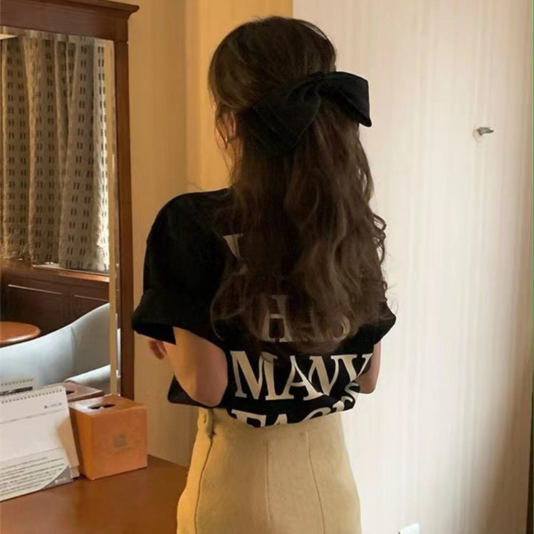 Women's Fashionable Back Letter Print Mid-length Casual Short Sleeve