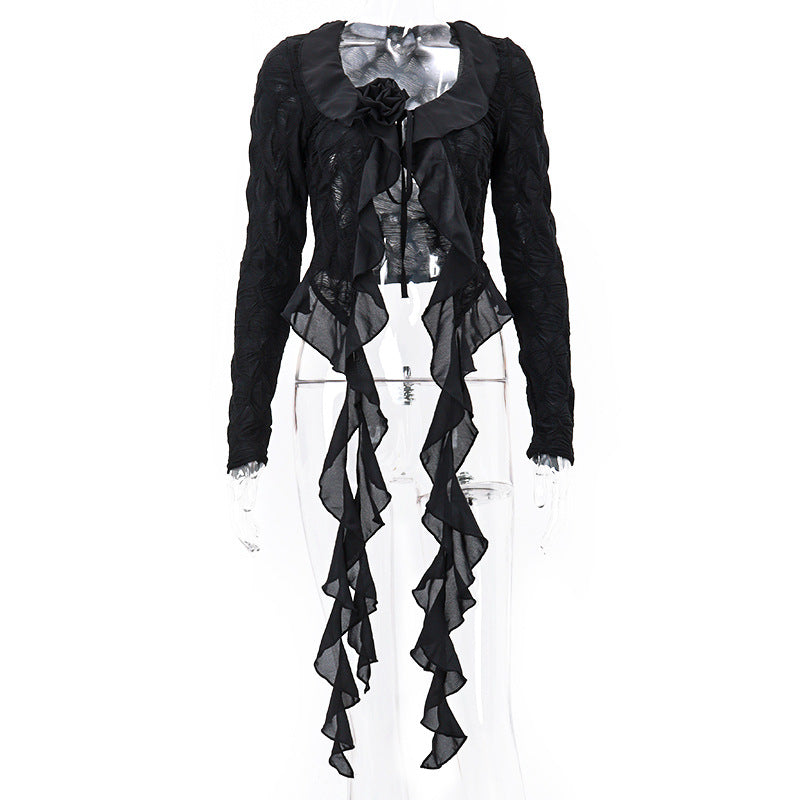 Irregular Lotus Collar Flower Decoration Long-sleeved Top