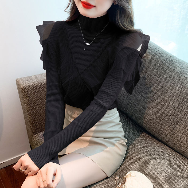 Women's Half-turtleneck Off-shoulder Sweater Mesh