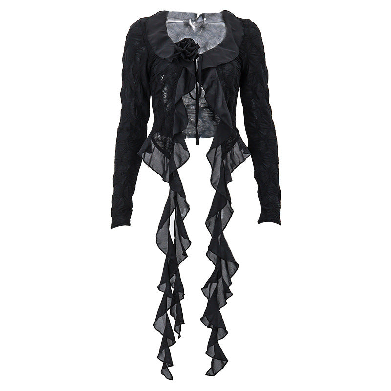 Irregular Lotus Collar Flower Decoration Long-sleeved Top