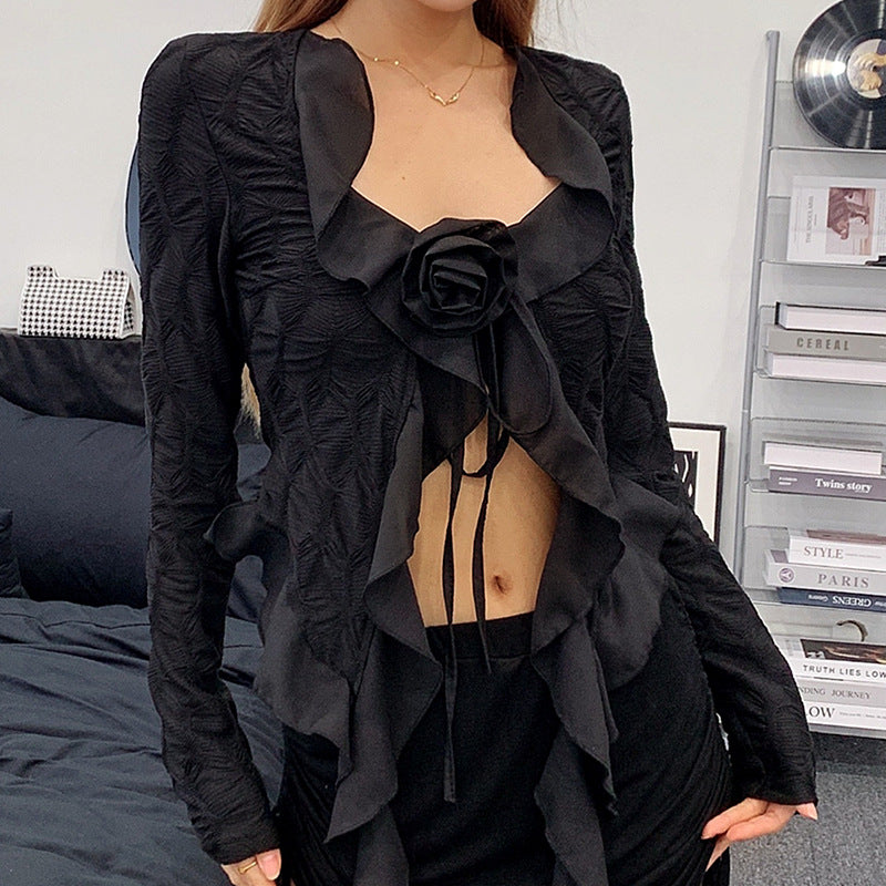 Irregular Lotus Collar Flower Decoration Long-sleeved Top