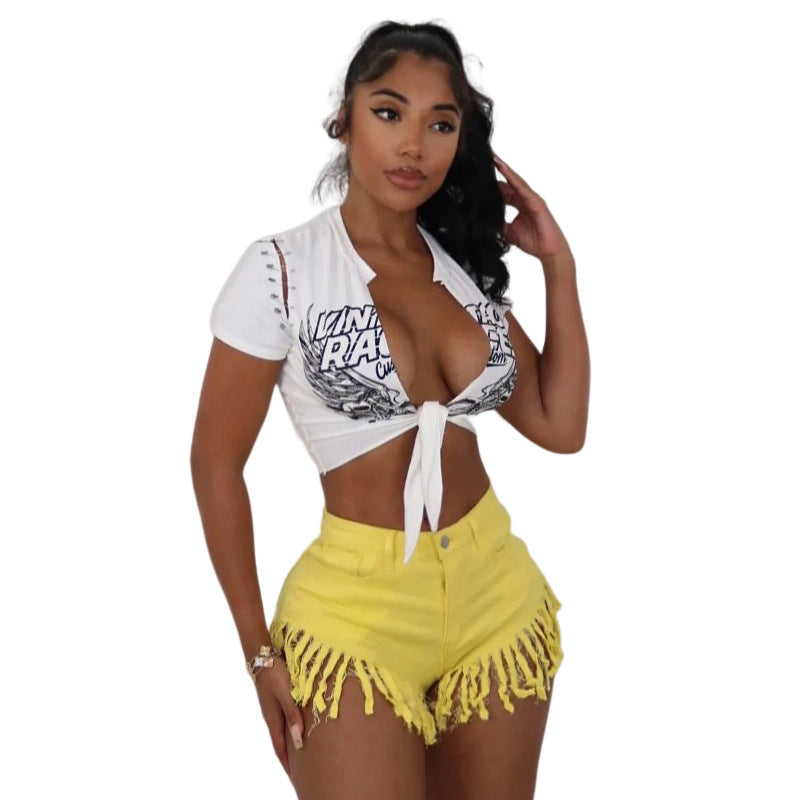 Women's Letter Digital Printed Low-cut Lace-up T-shirt