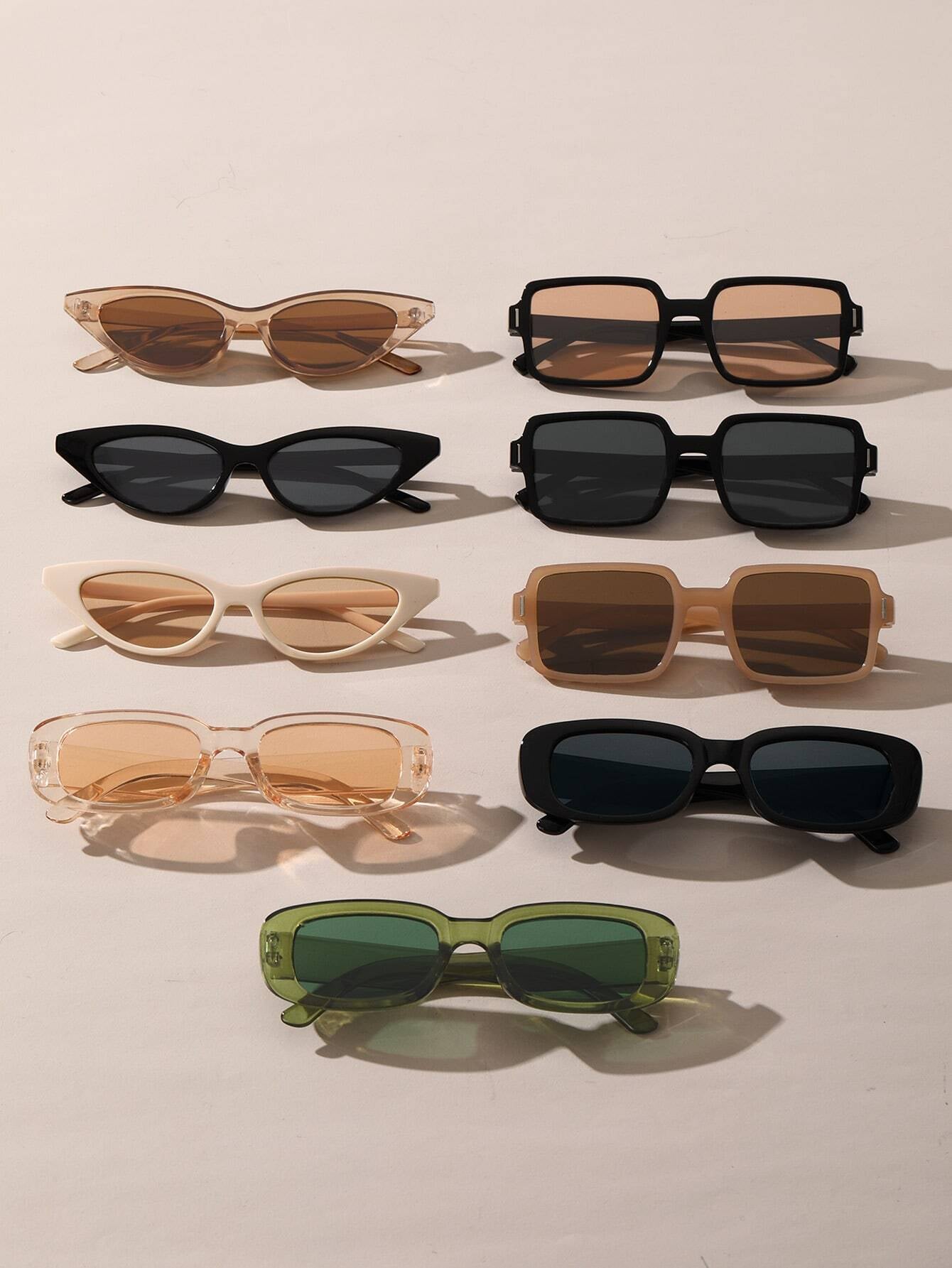 9Pcs Plastic Frame Geometric & Classic Sunglasses Combo, Summer Decoration Vintage Shades Beach Accessories